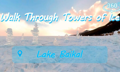 |360 video| VR Calm Walk Through Towers of Ice on Lake Baikal, Amazing Nature, Winter Landscape