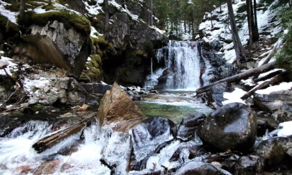 Winter walk to Gardener Creek Waterfall near Nakusp, British Columbia (3d, Flat)