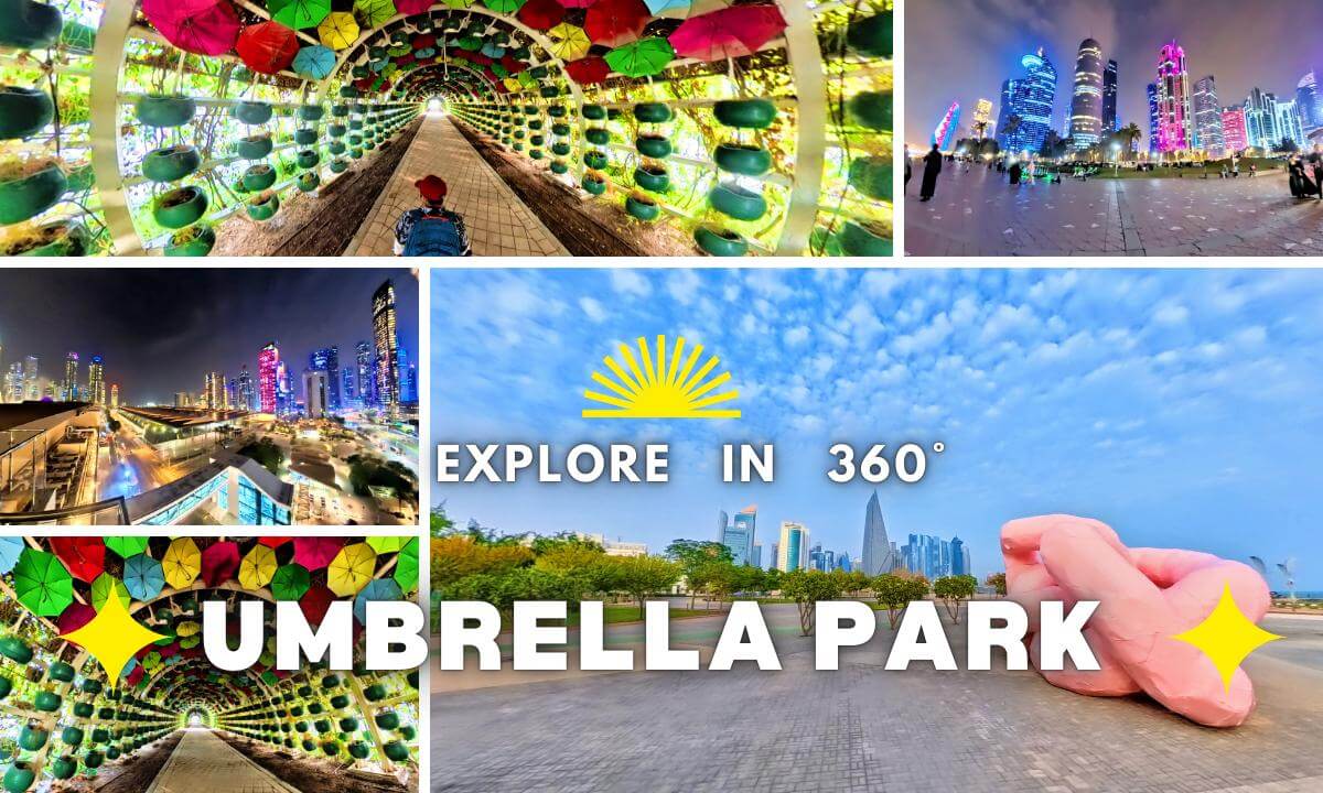 ☂️🌃 360° Umbrella Park & Doha Corniche 🇶🇦 | 360° Night Sea View & Skyline Walk 🌊✨| Doha | Qatar