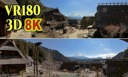 Mt. FUJI as seen from the village Saiko Iyashino-sato , the traditional Japanese village of thatched roof houses