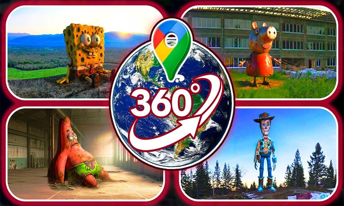 VR 360° — Giant Characters Found on Google Maps! (SpongeBob, Peppa Pig, Woody, Patrick)