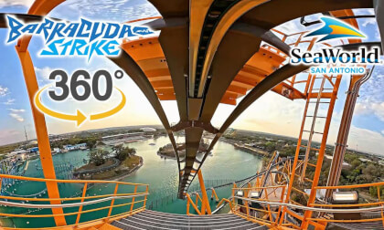 VR 360 Barracuda Strike Roller Coaster On Ride Front Row POV SeaWorld San Antonio 2026 03 06
