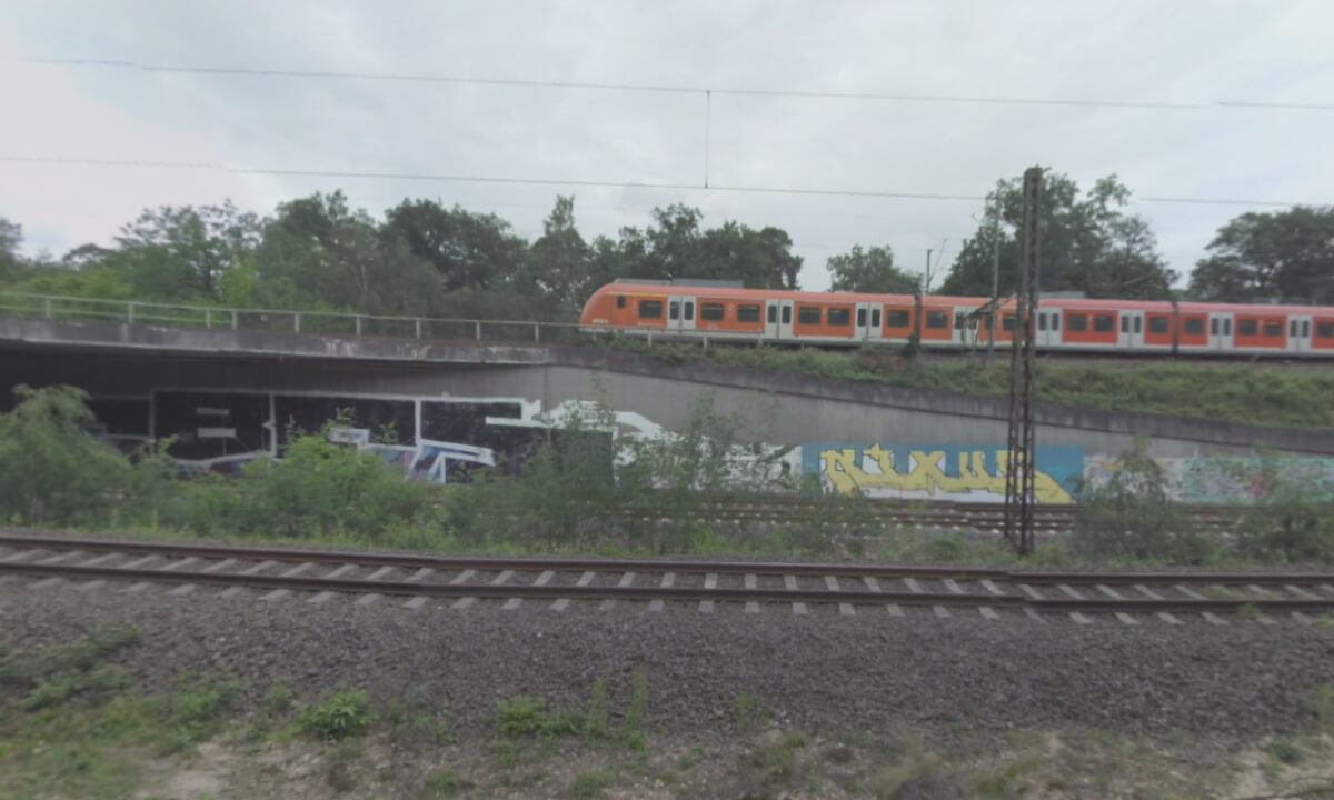 360 VR Train outside town and retro tricycle on the road. Frankfurt, Germany