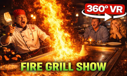 360° VR FIRE GRILL SHOW in Niagara Falls 🔥 Japanese Teppanyaki Chef Goes WILD