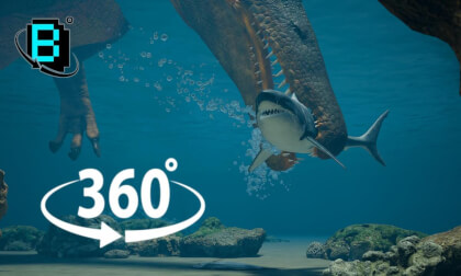 Dive between Spinosaurus and Sharks in 360°