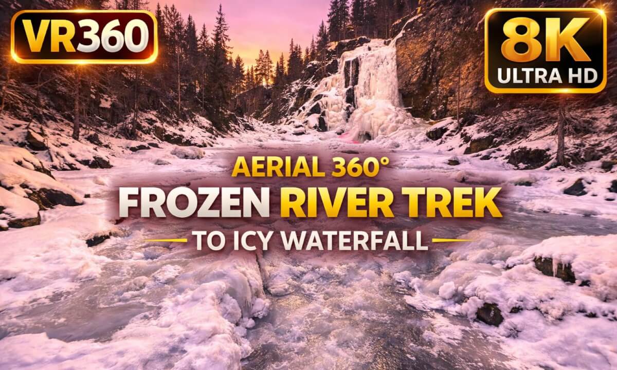 Frozen River Walk to Ice Waterfall at Sunset | Winter Forest VR360