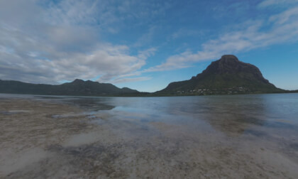 360 VR Mauritius scene with water and mountain range including Le Morne Brabant