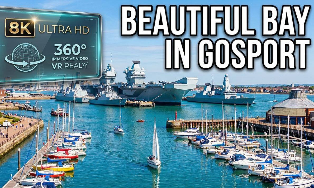 360 Walking in Gosport UK - Harbour Views, Royal Navy Aircraft Carrier & Explosion Museum!