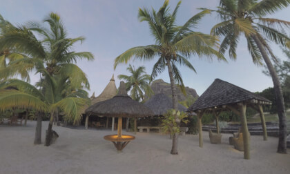 360 VR Le Morne Brabant resort area with palms and gazebos, Mauritius