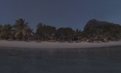 360 VR Resort on ocean coast and family bathing in the dusk, Mauritius