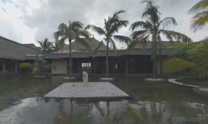 360 VR Resort area with hotels, pond and palms in Mauritius