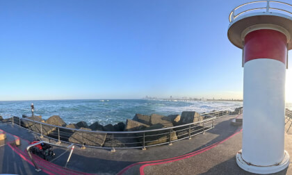 [8K 360] Afternoon seaway bike ride surrounded by crashing ocean waves