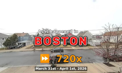 ⏩ Daily Time Lapse of the Boston Weather 180° 4k Street Cam Stream March 31st - April 1st 2026 (720x) [Beta]