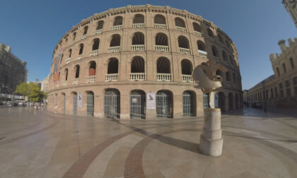 360 VR Valencia city view with Bullring, North station. Busy traffic of people and transport