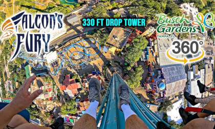 VR 360 Falcon's Fury 335 ft Drop Tower On Ride POV Busch Gardens Tampa 2025 10 16
