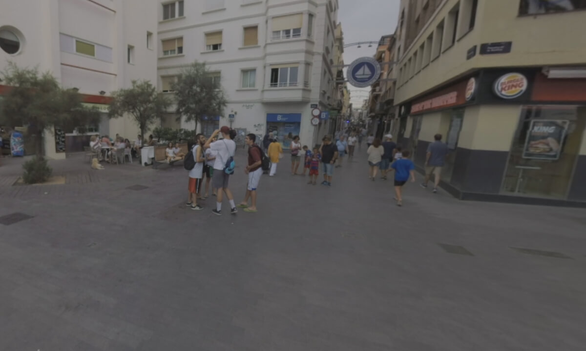 360 VR Barcelona view with busy pedestrian street and railway, Spain