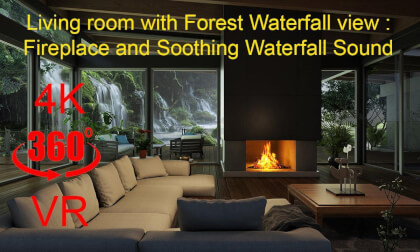 Living room with Forest Waterfall view : Fireplace and Soothing Waterfall Sound