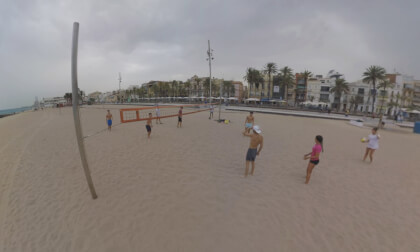 360 VR View of Barcelona coast with houses alongside and people playing volleyball, Spain 360 VR View of Barcelona coast with houses alongside and people playing volleyball, Spain