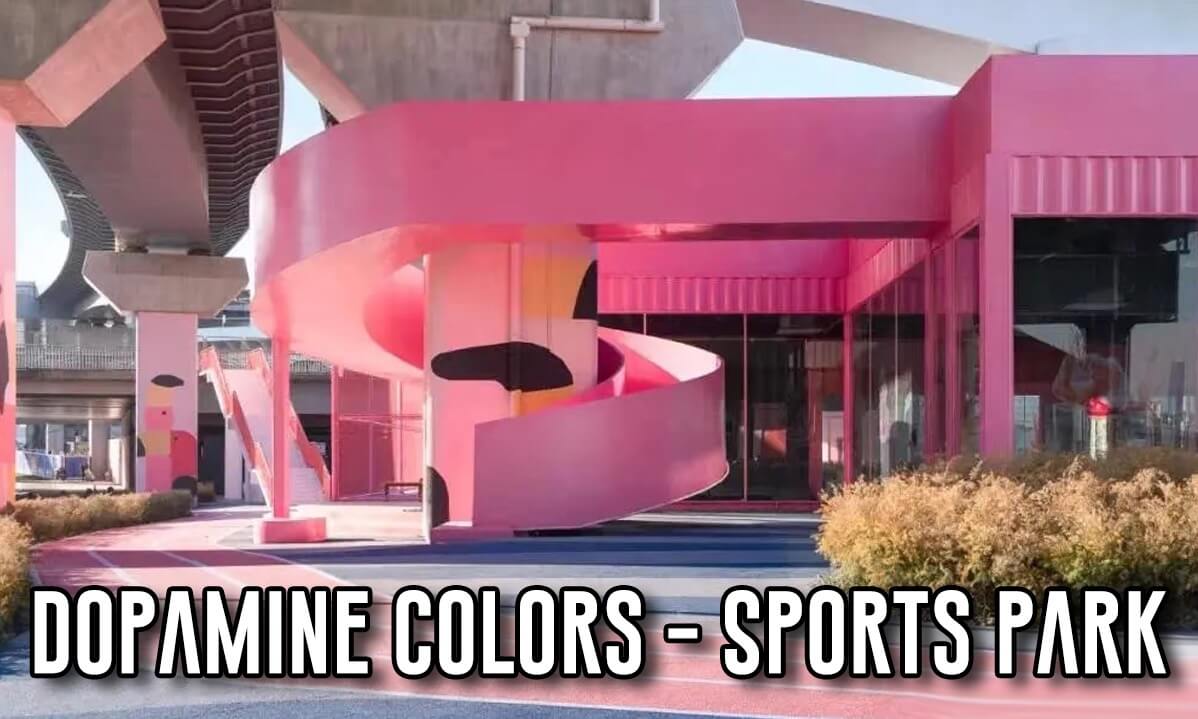 (3D VR180) A vibrant dopamine-colored internet-famous sports park under the elevated highway