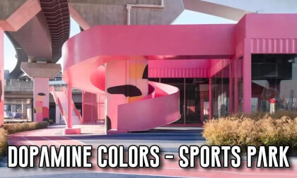 (3D VR180) A vibrant dopamine-colored internet-famous sports park under the elevated highway