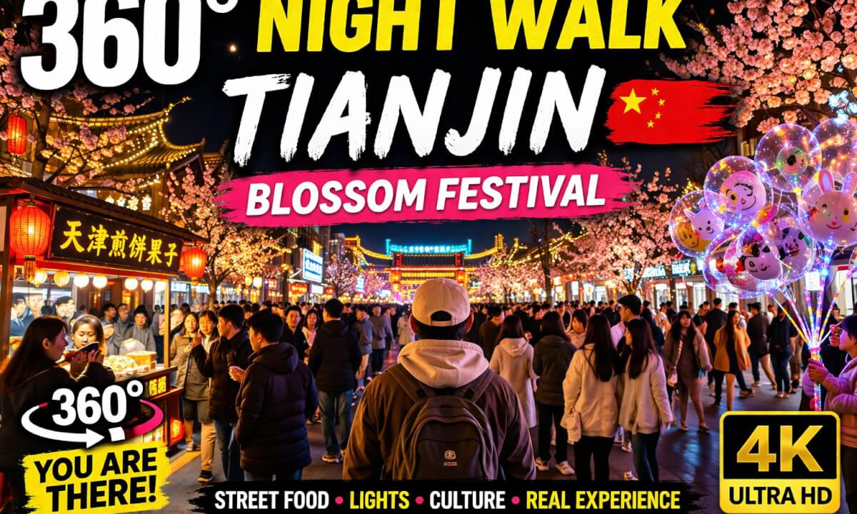 Tianjin Blossom Festival Night Walk 360° 🌸 | China Street Life, Food & Lights (4K VR)