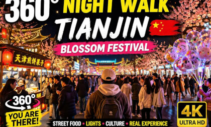 Tianjin Blossom Festival Night Walk 360° 🌸 | China Street Life, Food & Lights (4K VR)