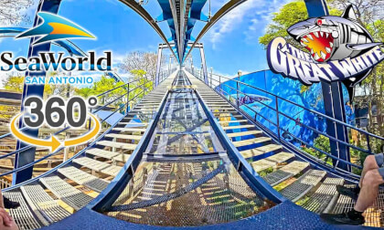 VR 360 Great White Roller Coaster On Ride Front Seat POV SeaWorld San Antonio 2026 03 15