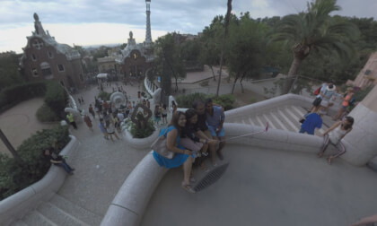 360 VR Tourists visiting Park Guell in Barcelona, Spain