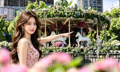Wandering Xintiandi, blooms and carousels, a spring floral isle tucked in downtown.