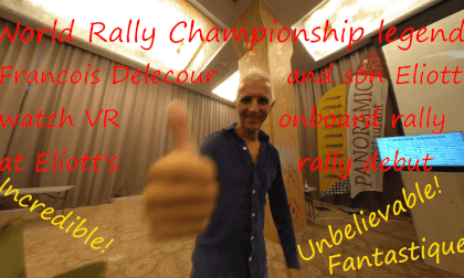 [Rotated 90+ deg.] WRC legend Francois Delecour and son Eliott watch VR onboard rally at Eliott's rally debut