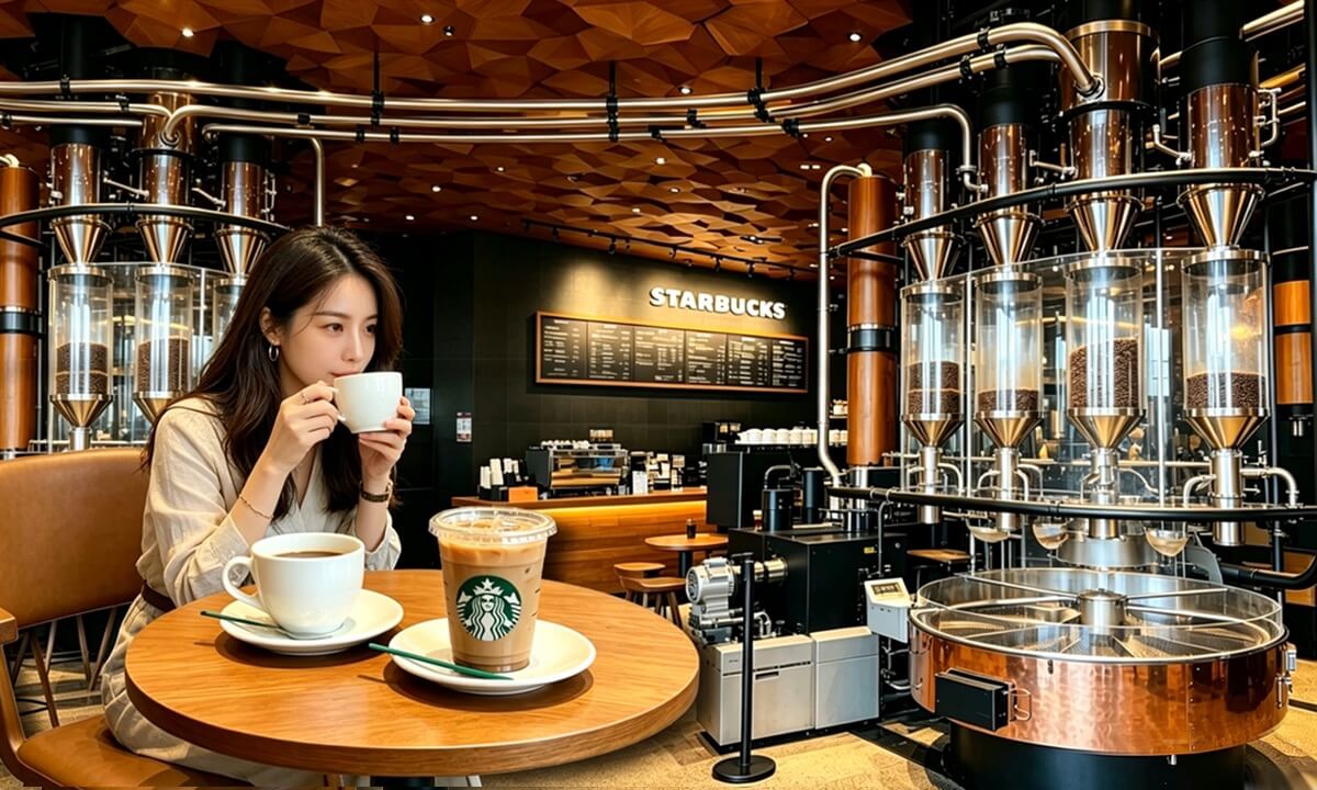 Top landmark with roasting assembly line · Starbucks Reserve Roastery, the largest in Asia and the second in the world