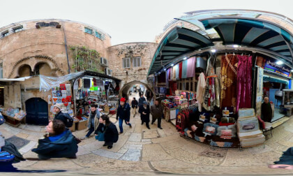 Walking in the bazaar of the Muslim Quarter in Old City Jerusalem 360VR