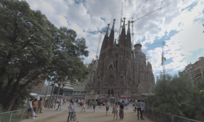 360 VR Sagrada Familia and Gaudi Square with people, Barcelona