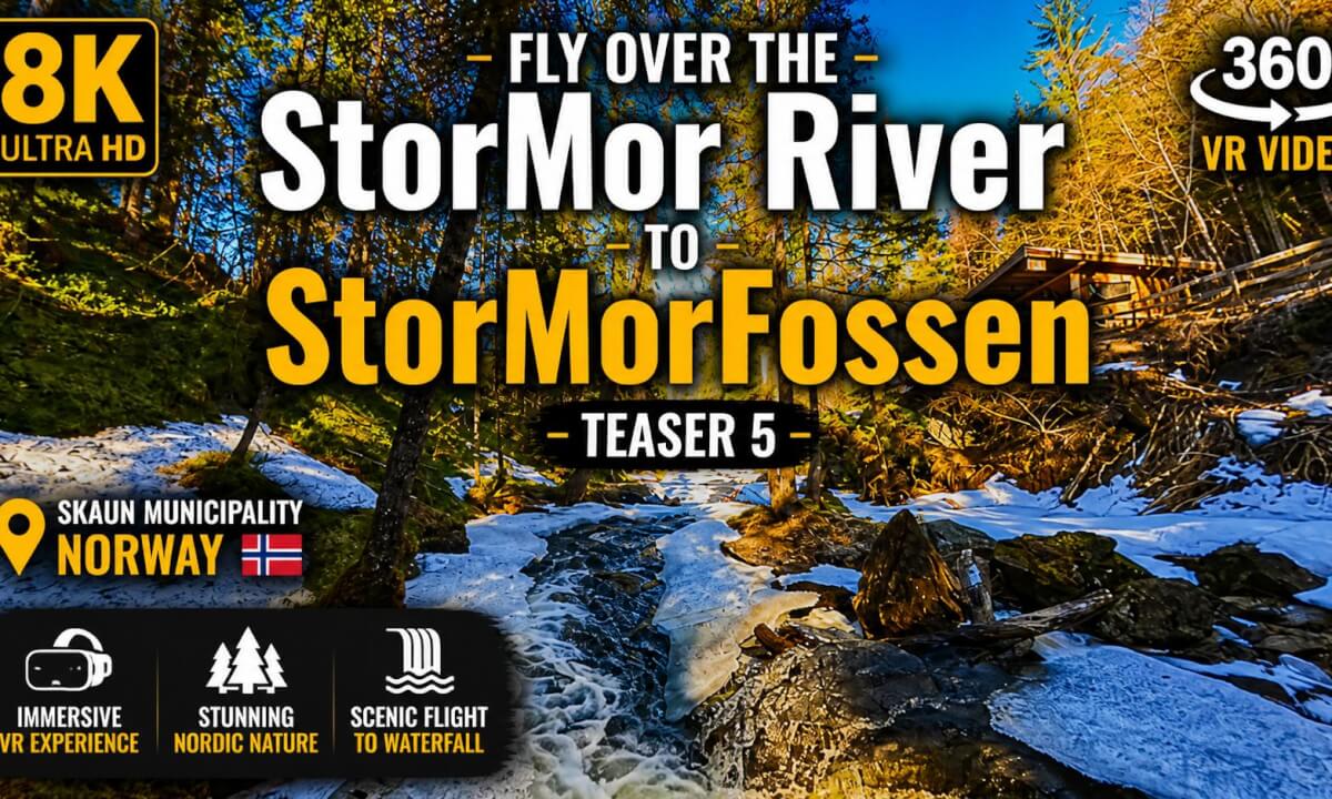 8K 360 VR Flight Over Frozen StorMor River to StorMorFossen | Norway Nature Teaser 5