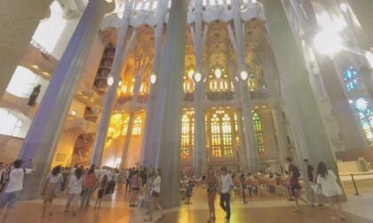 360 VR Sagrada Familia interior and people visiting cathedral, Barcelona