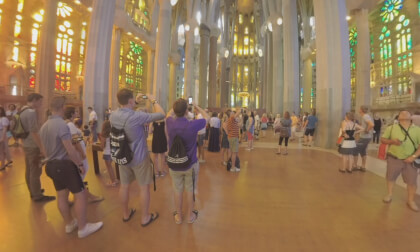 360 VR Visitors enjoying unique architecture inside Sagrada Familia, Barcelona