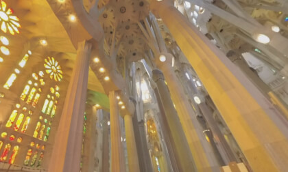360 VR Tourists visiting Sagrada Familia and admiring its interior, Barcelona