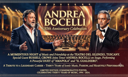 Russell Crowe and Andrea Bocelli performing at Andrea Bocelli's 30th Anniversary Celebration.