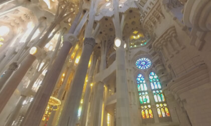 360 VR Inside view of Sagrada Familia with entrance and visitors, Barcelona