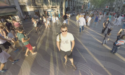 360 VR Crowded La Rambla pedestrian street at sunset, Barcelona