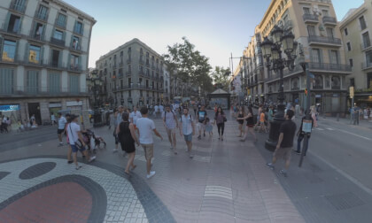 360 VR Busy La Rambla street with Joan Miro Mosaic, Barcelona