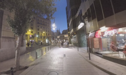 360 VR Evening Barcelona with people in narrow pedestrian streets