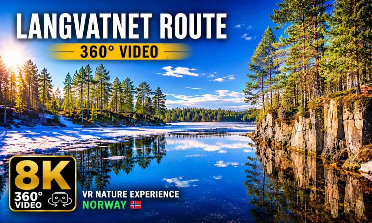 8K 360° Langvatnet Route VR Tour 🇳🇴 | Spring Lake Flight in Norway | Forest & Ice Nature Experience