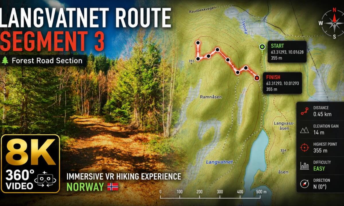 8K 360° VR Forest Road Hike | Langvatnet Route – Segment 3 | Norway