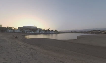 360 VR Beach line and resort with small lake among vast sand spaces, Gran Canaria
