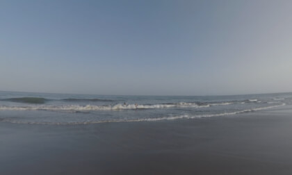 360 VR Maspalomas resort with people bathing and walking at the beach, Gran Canaria