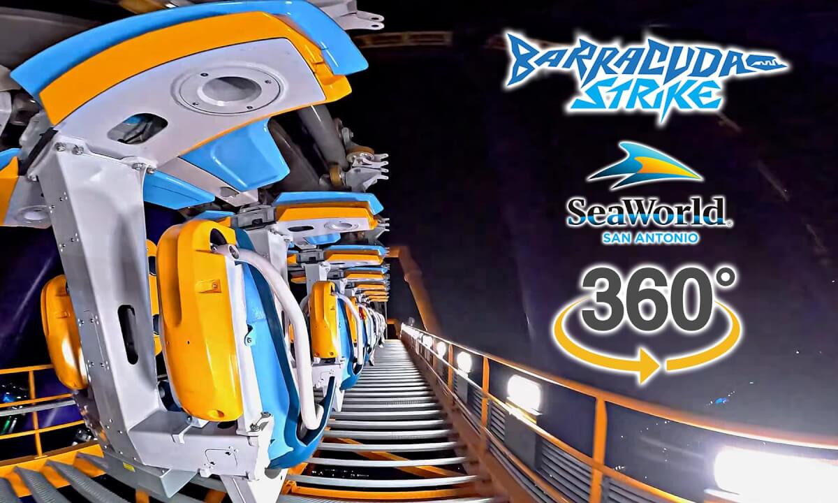 VR 360 Barracuda Strike Roller Coaster at Night GoPro Max2 Back POV SeaWorld San Antonio 2026 03 05