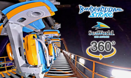 VR 360 Barracuda Strike Roller Coaster at Night GoPro Max2 Back POV SeaWorld San Antonio 2026 03 05