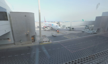 360 VR Airport with view to terminal and boarding plane, Gran Canaria
