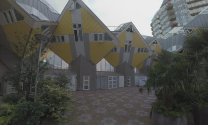 360 VR View to Cube Houses and people walking in the yard. Rotterdam, Netherlands